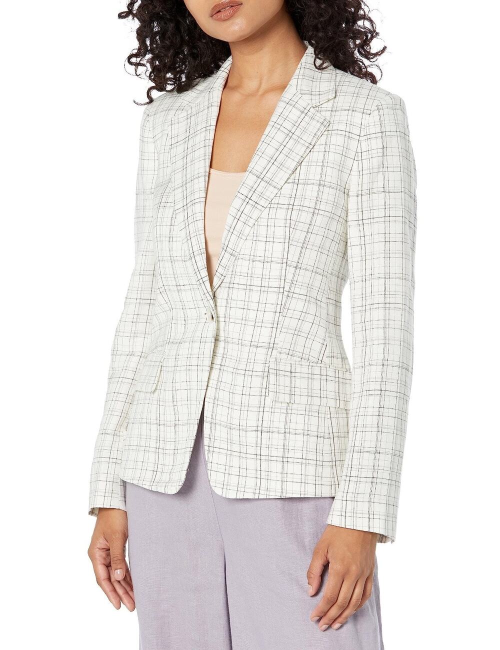 Club Monaco Women's Plaid Linen Blazer, White/Blanc, 14